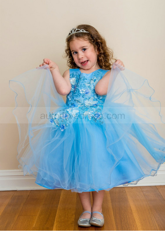 Beaded Blue Lace Tulle Curly Hem Flower Girl Dress Beaded Blue Lace Tulle Curly Hem Flower Girl Dress